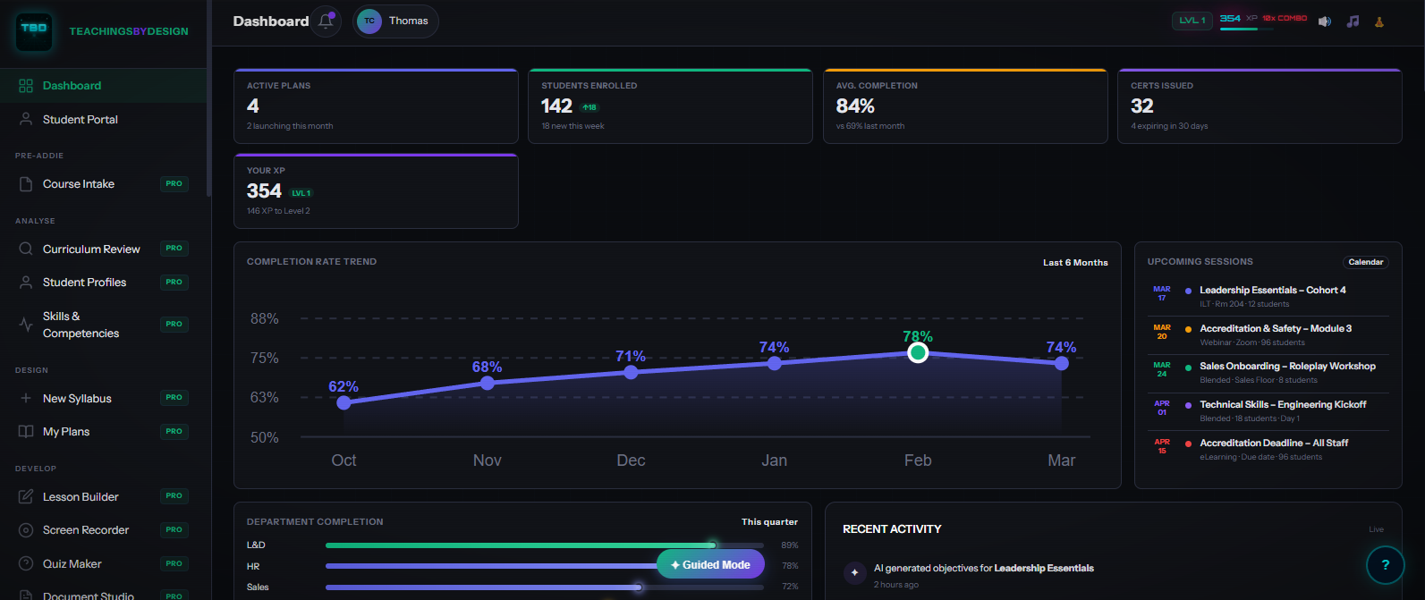 TeachingsByDesign Dashboard — AI-powered academic platform with syllabus builder, gradebook, lesson builder, and 20+ tools